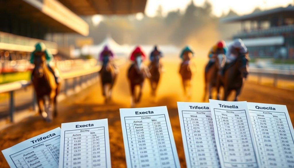 A vibrant display of the most popular horse racing bets, captured in a dynamic scene. In the foreground, crisp renditions of betting slips for win, place, show, exacta, trifecta, and quinella wagers stand out against a softly blurred background. The middle ground features a racetrack in the distance, with horses and jockeys in a blur of motion, evoking the thrill of the sport. Warm, natural lighting bathes the scene, creating a sense of energy and anticipation. The composition is balanced, drawing the viewer's eye to the key elements of the different betting types. An atmospheric and informative illustration to complement the article's insights on smarter wagering strategies in the world of thoroughbred racing. A vibrant display of the most popular horse racing bets, captured in a dynamic scene. In the foreground, crisp renditions of betting slips for win, place, show, exacta, trifecta, and quinella wagers stand out against a softly blurred background. The middle ground features a racetrack in the distance, with horses and jockeys in a blur of motion, evoking the thrill of the sport. Warm, natural lighting bathes the scene, creating a sense of energy and anticipation. The composition is balanced, drawing the viewer's eye to the key elements of the different betting types. An atmospheric and informative illustration to complement the article's insights on smarter wagering strategies in the world of thoroughbred racing.