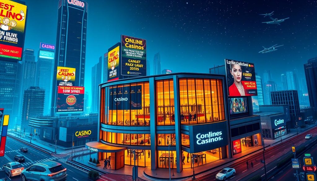A vibrant, futuristic cityscape at night, with towering skyscrapers and neon-lit billboards advertising the most prominent online casinos of 2025. In the foreground, a sleek, modern casino building with a grand entrance and a shimmering glass facade. The interior is visible through large windows, showcasing a dynamic gaming floor with people engaged in various casino games, illuminated by warm, ambient lighting. The middle ground features bustling city streets with self-driving cars and pedestrians, while the background is dominated by a futuristic skyline, complete with flying vehicles and a starry night sky. The overall atmosphere conveys a sense of technological advancement, excitement, and the promise of a thrilling online gambling experience. A vibrant, futuristic cityscape at night, with towering skyscrapers and neon-lit billboards advertising the most prominent online casinos of 2025. In the foreground, a sleek, modern casino building with a grand entrance and a shimmering glass facade. The interior is visible through large windows, showcasing a dynamic gaming floor with people engaged in various casino games, illuminated by warm, ambient lighting. The middle ground features bustling city streets with self-driving cars and pedestrians, while the background is dominated by a futuristic skyline, complete with flying vehicles and a starry night sky. The overall atmosphere conveys a sense of technological advancement, excitement, and the promise of a thrilling online gambling experience.