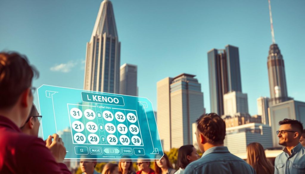 A vibrant, modern cityscape with towering skyscrapers in the background, against a clear blue sky. In the foreground, a group of people gathered around a sleek, holographic keno game interface, their faces lit by the display's soft glow. The game's controls and winning numbers are displayed prominently, showcasing the latest advancements in mobile keno technology. The scene is bathed in warm, natural lighting, creating a sense of energy and excitement. The overall composition conveys the convenience and accessibility of mobile keno, perfect for the city dwellers of the future. A vibrant, modern cityscape with towering skyscrapers in the background, against a clear blue sky. In the foreground, a group of people gathered around a sleek, holographic keno game interface, their faces lit by the display's soft glow. The game's controls and winning numbers are displayed prominently, showcasing the latest advancements in mobile keno technology. The scene is bathed in warm, natural lighting, creating a sense of energy and excitement. The overall composition conveys the convenience and accessibility of mobile keno, perfect for the city dwellers of the future.