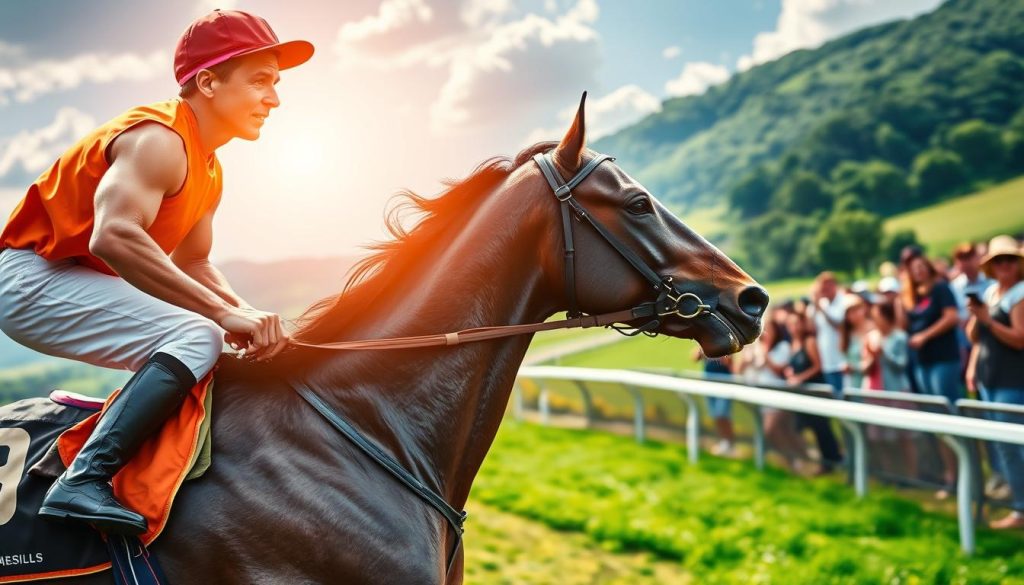 A vibrant scene depicting the benefits of horse racing. In the foreground, a jockey atop a majestic horse, muscles rippling as they navigate a racetrack, their faces etched with determination. In the middle ground, spectators cheering passionately, the thrill of the sport palpable. The background showcases the lush, verdant landscapes that provide the setting for this exhilarating sport, the sun casting a warm glow over the entire scene. The composition captures the athleticism, camaraderie, and natural beauty that are the hallmarks of the horse racing experience, inviting the viewer to feel the energy and excitement of this captivating pastime. A vibrant scene depicting the benefits of horse racing. In the foreground, a jockey atop a majestic horse, muscles rippling as they navigate a racetrack, their faces etched with determination. In the middle ground, spectators cheering passionately, the thrill of the sport palpable. The background showcases the lush, verdant landscapes that provide the setting for this exhilarating sport, the sun casting a warm glow over the entire scene. The composition captures the athleticism, camaraderie, and natural beauty that are the hallmarks of the horse racing experience, inviting the viewer to feel the energy and excitement of this captivating pastime.