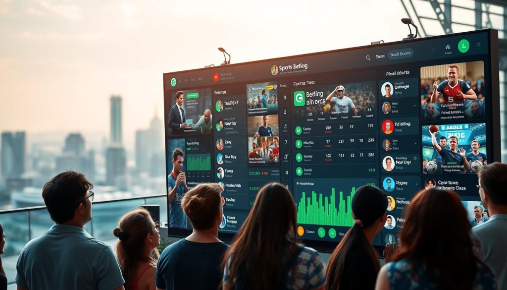 A vibrant social media interface, with various sports betting apps and platforms prominently displayed on a large, high-definition screen. In the foreground, sports enthusiasts are engaged in lively discussions, sharing tips and predictions, their avatars representing a diverse online community. The middle ground features a sleek, intuitive betting dashboard, with real-time odds and live updates on ongoing matches. The background is a blurred cityscape, hinting at the integration of sports betting into the fabric of modern urban life. The scene is illuminated by a warm, natural lighting, creating a sense of immersion and engagement. The overall atmosphere conveys the seamless fusion of social media and sports betting, catering to the desires of a tech-savvy, connected generation of bettors. A vibrant social media interface, with various sports betting apps and platforms prominently displayed on a large, high-definition screen. In the foreground, sports enthusiasts are engaged in lively discussions, sharing tips and predictions, their avatars representing a diverse online community. The middle ground features a sleek, intuitive betting dashboard, with real-time odds and live updates on ongoing matches. The background is a blurred cityscape, hinting at the integration of sports betting into the fabric of modern urban life. The scene is illuminated by a warm, natural lighting, creating a sense of immersion and engagement. The overall atmosphere conveys the seamless fusion of social media and sports betting, catering to the desires of a tech-savvy, connected generation of bettors.