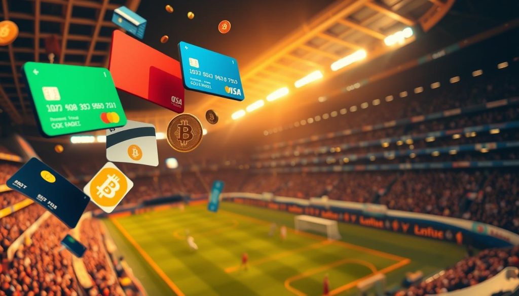 A vibrant sports betting payment methods scene captured in a dynamic wide-angle shot. In the foreground, various payment icons float and rotate - credit cards, digital wallets, cryptocurrency symbols. The middle ground features a sports stadium backdrop, with fans and players in the stands and on the field. Warm, golden lighting illuminates the scene, creating a sense of excitement and energy. The overall composition suggests the seamless integration of modern payment options within the thriving world of sports betting.