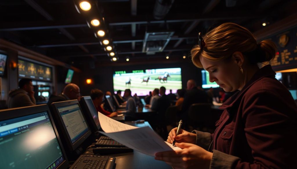A well-appointed racebook, dimly lit with overhead spotlights casting dramatic shadows. In the foreground, a bettor, Nyra, intently studying her racing form, pen in hand, brow furrowed in concentration. Surrounding her, the buzz of activity - fellow bettors hunched over screens, fingers tapping away, the rhythmic chatter of announcers, the occasional roar of the crowd. In the background, a massive video wall displays a live feed of the race, the horses thundering down the track. The atmosphere is electric, charged with anticipation and the thrill of the wager. A cinematic, immersive scene capturing the essence of NYRA's dynamic live and online betting experience. A well-appointed racebook, dimly lit with overhead spotlights casting dramatic shadows. In the foreground, a bettor, Nyra, intently studying her racing form, pen in hand, brow furrowed in concentration. Surrounding her, the buzz of activity - fellow bettors hunched over screens, fingers tapping away, the rhythmic chatter of announcers, the occasional roar of the crowd. In the background, a massive video wall displays a live feed of the race, the horses thundering down the track. The atmosphere is electric, charged with anticipation and the thrill of the wager. A cinematic, immersive scene capturing the essence of NYRA's dynamic live and online betting experience.