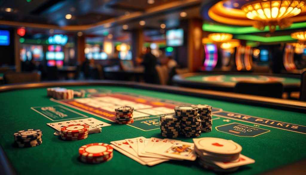 A well-lit casino table, the green felt surface dotted with various side bet options. Overhead, a warm, golden light casts a soft glow, creating an inviting atmosphere. On the table, a mixture of classic and innovative side bets, including Perfect Pairs, 21+3, and a new, high-risk/high-reward "Blackjack Bonus" wager. Stacks of casino chips and playing cards in the foreground, hinting at the thrill and excitement of the game. In the background, a blurred view of the casino floor, with other tables and patrons creating a sense of energy and activity. The overall composition conveys the allure and potential rewards of blackjack side betting in the year 2025. A well-lit casino table, the green felt surface dotted with various side bet options. Overhead, a warm, golden light casts a soft glow, creating an inviting atmosphere. On the table, a mixture of classic and innovative side bets, including Perfect Pairs, 21+3, and a new, high-risk/high-reward "Blackjack Bonus" wager. Stacks of casino chips and playing cards in the foreground, hinting at the thrill and excitement of the game. In the background, a blurred view of the casino floor, with other tables and patrons creating a sense of energy and activity. The overall composition conveys the allure and potential rewards of blackjack side betting in the year 2025.