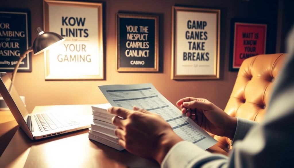 A well-lit office space with a wooden desk and plush chair. On the desk, a laptop and a stack of financial documents, symbolizing responsible financial management. In the foreground, a person's hands carefully reviewing a budget spreadsheet, conveying thoughtful decision-making. The walls feature framed motivational posters promoting responsible gambling strategies, such as "Know Your Limits" and "Take Breaks." The lighting is warm and inviting, creating a sense of professionalism and control. The overall atmosphere emphasizes the importance of responsible gambling practices in the modern digital landscape. A well-lit office space with a wooden desk and plush chair. On the desk, a laptop and a stack of financial documents, symbolizing responsible financial management. In the foreground, a person's hands carefully reviewing a budget spreadsheet, conveying thoughtful decision-making. The walls feature framed motivational posters promoting responsible gambling strategies, such as "Know Your Limits" and "Take Breaks." The lighting is warm and inviting, creating a sense of professionalism and control. The overall atmosphere emphasizes the importance of responsible gambling practices in the modern digital landscape.