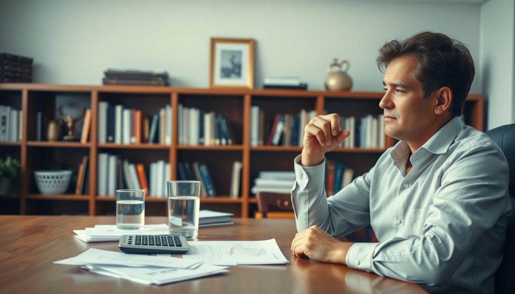 A well-lit, serene office setting with a wooden desk and bookshelves in the background. On the desk, a calculator, a stack of papers, and a glass of water, conveying a sense of responsible financial management. In the foreground, a person sitting at the desk, deep in thought, their expression conveying a calm, thoughtful demeanor. The lighting is soft and natural, creating a warm, inviting atmosphere. The overall scene suggests a responsible, disciplined approach to gambling, with the focus on organization, planning, and self-control.