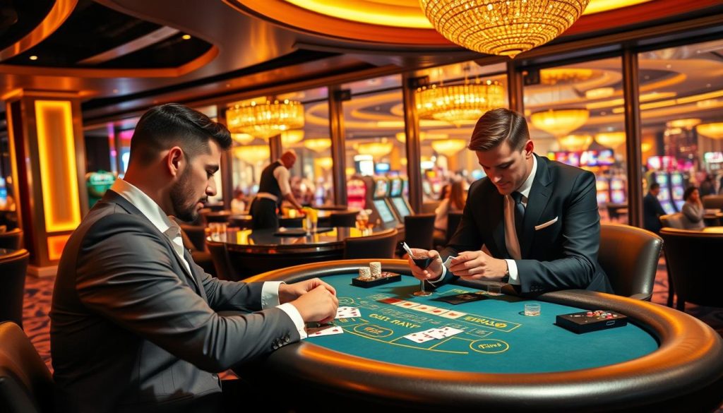 Maximize casino cashback rewards: a lavish scene of a high-roller's casino lounge. In the foreground, a well-dressed person sits at a blackjack table, studying their cards intently. The middle ground features a bartender mixing a signature cocktail, while in the background, a panoramic view of the bustling casino floor is visible through floor-to-ceiling windows. Warm, golden lighting casts a luxurious glow, complemented by the sleek, modern decor. The atmosphere exudes a sense of excitement and possibility, as the player strategizes their next move to maximize their cashback rewards. Maximize casino cashback rewards: a lavish scene of a high-roller's casino lounge. In the foreground, a well-dressed person sits at a blackjack table, studying their cards intently. The middle ground features a bartender mixing a signature cocktail, while in the background, a panoramic view of the bustling casino floor is visible through floor-to-ceiling windows. Warm, golden lighting casts a luxurious glow, complemented by the sleek, modern decor. The atmosphere exudes a sense of excitement and possibility, as the player strategizes their next move to maximize their cashback rewards.