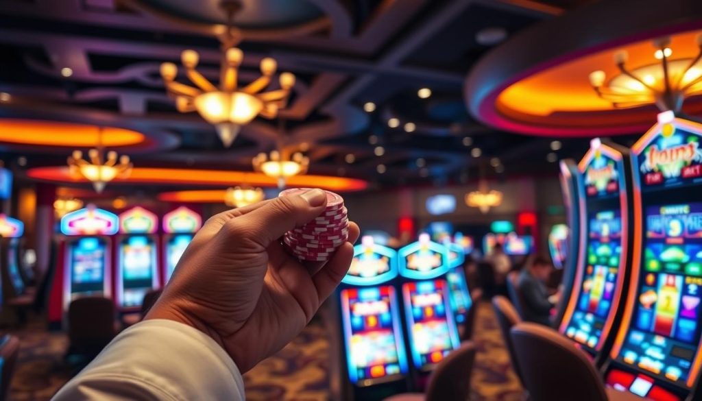 Prompt A casino interior with a vibrant atmosphere, warm lighting, and a sense of anticipation. In the foreground, a person's hands hold a stack of casino chips, ready to place a bet on a slot machine. The middle ground features a row of modern, alluring slot machines with flashing lights and enticing visuals. In the background, the casino floor is bustling with activity, with other players engaged in the excitement of the games. The scene conveys the strategic and calculated approach to maximizing the value of casino bonuses, leading to potential winnings.