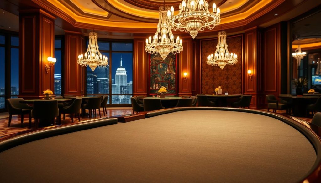 Prompt A serene and sophisticated casino interior, bathed in warm, golden lighting. In the foreground, a gleaming poker table with expertly crafted felt and polished wooden trim, inviting players to test their skills. In the middle ground, elegant chandeliers cast a soft glow, reflecting off the pristine marble floors and ornate wall paneling. The background features towering windows overlooking a bustling city skyline, conveying a sense of prestige and exclusivity. The overall atmosphere exudes an air of refined elegance and trustworthiness, inspiring confidence in the casino's credibility and reliability.