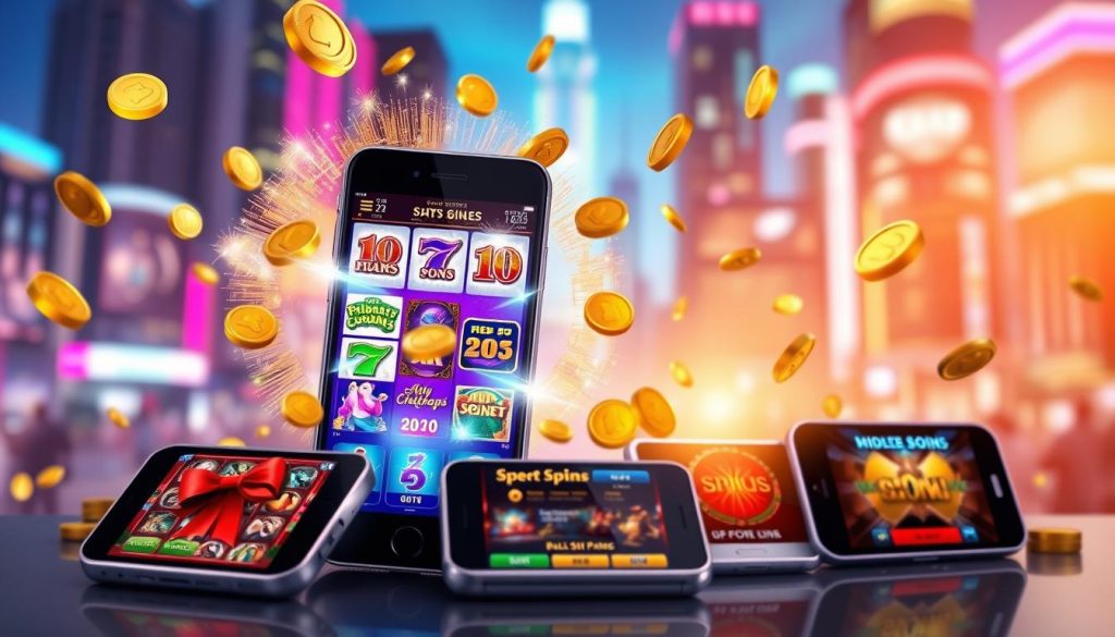 Prompt A vibrant and dynamic scene depicting the world of mobile gaming bonuses. In the foreground, a large smartphone screen displays an array of colorful slot game icons, sparkling with captivating animations and enticing offers. Surrounding the screen, a halo of glowing golden coins and shimmering free spin symbols create an atmosphere of excitement and potential winnings. The middle ground features various mobile devices, each showcasing unique bonus features and promotional offers, inviting players to explore the thrilling world of mobile casino gaming. In the background, a blurred cityscape of skyscrapers and neon lights sets the stage for this mobile gaming paradise, capturing the essence of the modern, fast-paced, and constantly evolving mobile entertainment landscape. Prompt A vibrant and dynamic scene depicting the world of mobile gaming bonuses. In the foreground, a large smartphone screen displays an array of colorful slot game icons, sparkling with captivating animations and enticing offers. Surrounding the screen, a halo of glowing golden coins and shimmering free spin symbols create an atmosphere of excitement and potential winnings. The middle ground features various mobile devices, each showcasing unique bonus features and promotional offers, inviting players to explore the thrilling world of mobile casino gaming. In the background, a blurred cityscape of skyscrapers and neon lights sets the stage for this mobile gaming paradise, capturing the essence of the modern, fast-paced, and constantly evolving mobile entertainment landscape.