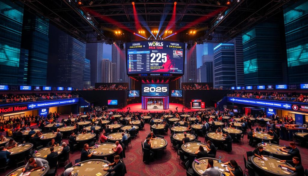 A bustling arena set against a backdrop of towering skyscrapers, the 2025 World Poker Tour championship unfolds. In the foreground, a sea of players gathered around felt-topped tables, locked in intense competition, their faces illuminated by the warm glow of overhead spotlights. The middle ground features a massive video screen displaying real-time leaderboards and action replays, while in the background, an array of vendor booths and spectator lounges create an electric atmosphere of anticipation. The scene is captured through a wide-angle lens, conveying a sense of scale and immersion, as players navigate the high-stakes world of online poker in the not-so-distant future.