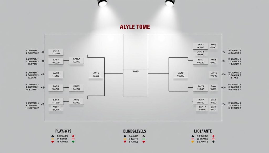 A high-contrast, detailed schematic illustration of a multi-tiered poker tournament structure, with a central tournament bracket surrounded by blinds/levels information. The tournament grid features distinct sections for early, middle, and late stages, with player counts and prize pool distribution clearly shown. The blinds/levels panel displays the increasing ante and big/small blind values across the different stages of play, conveying the escalating stakes and strategic considerations for players. The composition has a clean, technical feel, with muted colors and precise typography to emphasize the informational nature of the image. Bright highlights and shadows create depth and emphasize the key structural elements.