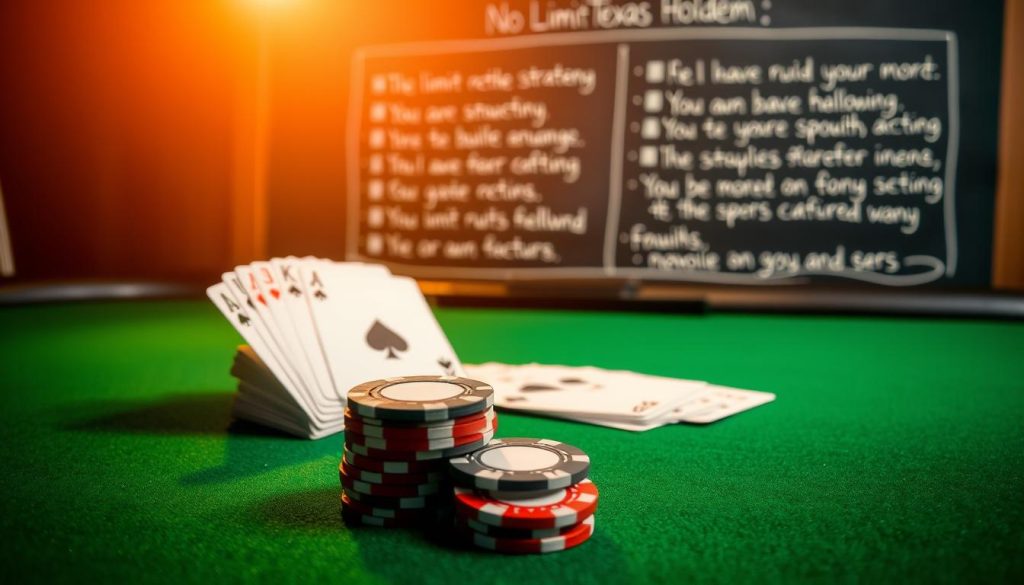 A poker table with a green felt surface, illuminated by warm, natural lighting that casts subtle shadows. In the foreground, a stack of poker chips in a variety of denominations, arranged neatly. Behind them, the outline of playing cards, fanned out, showcasing the iconic suits and values. In the background, a chalkboard or whiteboard displaying the key rules and strategies for no-limit Texas Hold'em poker, presented in a clean, organized manner. The overall scene conveys a sense of expertise, professionalism, and a deep understanding of the game. A poker table with a green felt surface, illuminated by warm, natural lighting that casts subtle shadows. In the foreground, a stack of poker chips in a variety of denominations, arranged neatly. Behind them, the outline of playing cards, fanned out, showcasing the iconic suits and values. In the background, a chalkboard or whiteboard displaying the key rules and strategies for no-limit Texas Hold'em poker, presented in a clean, organized manner. The overall scene conveys a sense of expertise, professionalism, and a deep understanding of the game.
